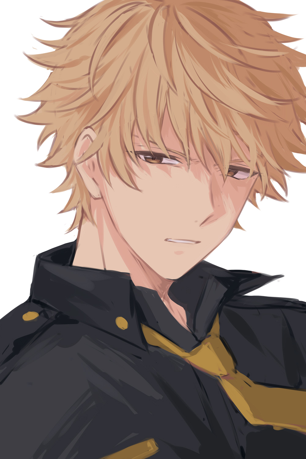 1boy, blonde_hair, collared_shirt, commentary_request, helios_rising_heroes, highres, looking_at_viewer, male_focus, necktie, parted_lips, partial_commentary, sekina, shirt, short_hair, simple_background, solo, white_background, will_sprout, yellow_eyes, yellow_necktie
