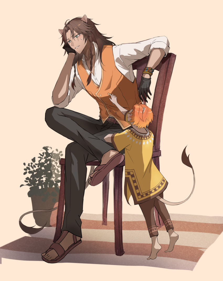 2boys, animal_ears, barefoot, black_gloves, blonde_hair, braid, brown_hair, carpet, chair, cheka_kingscholar, child, colored_tips, dark-skinned_male, dark_skin, denim, gloves, green_eyes, highres, jeans, leona_kingscholar, lion_boy, lion_ears, lion_tail, male_child, male_focus, multicolored_hair, multiple_boys, pants, plant, potted_plant, redhead, sandals, scar, scar_across_eye, tail, touchika, tunic, twisted_wonderland, uncle_and_nephew, vest