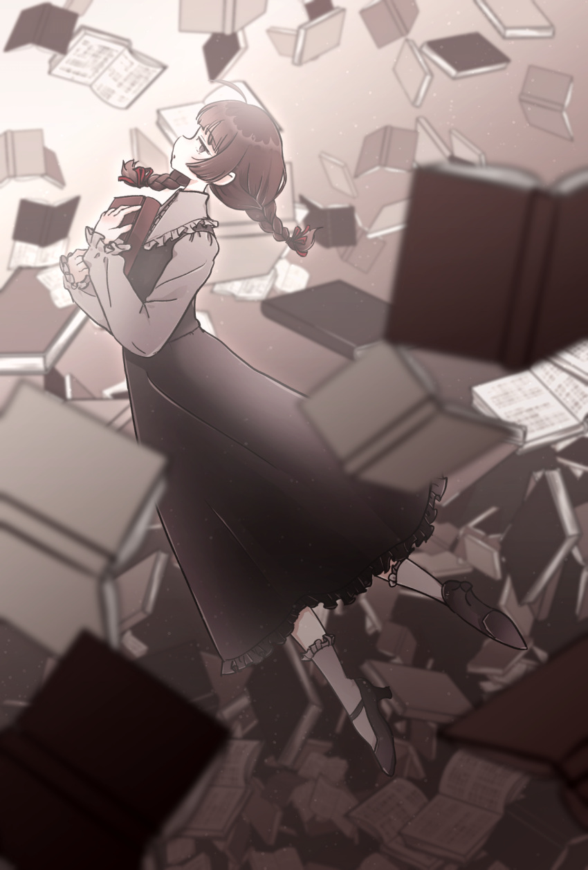 1girl, book, braid, brown_background, brown_dress, brown_eyes, brown_hair, brown_theme