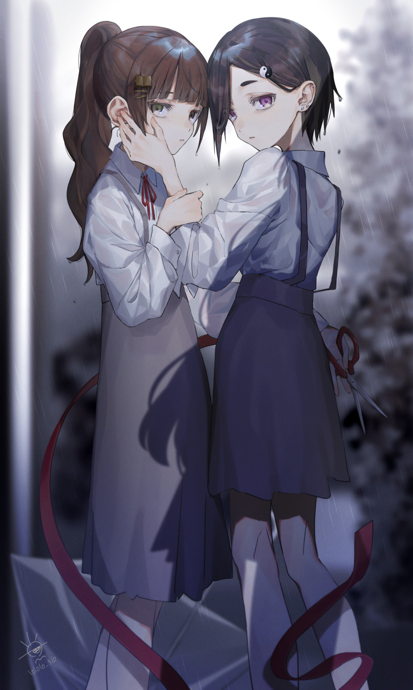 2girls, absurdres, blurry, blurry_background, book_hair_ornament, brown_hair, ear_piercing, grey_skirt, highres, holding, holding_scissors, indie_virtual_youtuber, long_hair, long_sleeves, multiple_girls, piercing, ponytail, rain, red_ribbon, ribbon, sa_jitsu, scissors, shirt, skirt, standing, suspenders, violet_eyes, virtual_youtuber, white_shirt, xiaoling_dayo, yin_yang_hair_ornament, yomiyama_humino, yuudachi_no_ribbon_(vocaloid)