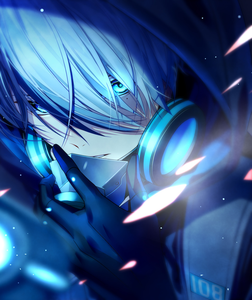 1boy, absurdres, adjusting_mask, aoyagi_touya, blue_eyes, blue_hair, close-up, close_game/offline_(project_sekai), commentary_request, dark_blue_hair, habatatsuki, highres, hood, hood_up, male_focus, mask, mole, mole_under_eye, multicolored_hair, official_alternate_costume, parted_lips, project_sekai, short_hair, solo, two-tone_hair