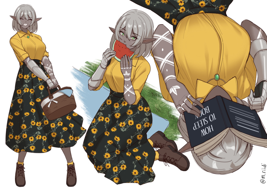 1girl, absurdres, armor, book, book_on_head, boots, brown_footwear, dark-skinned_female