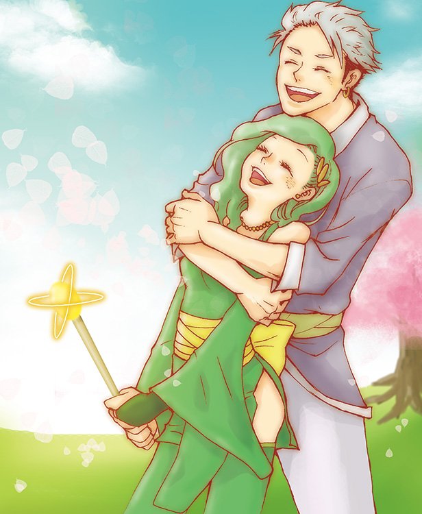 1boy, 1girl, aged_up, bridal_gauntlets, detached_sleeves, edward_geraldine, final_fantasy, final_fantasy_iv, final_fantasy_iv:_the_after_years, green_hair, green_thighhighs, hair_ornament, holding, jewelry, long_hair, open_mouth, rydia_(ff4), skirt, smile, thigh-highs, tree, white_hair, yakisake_arimasu