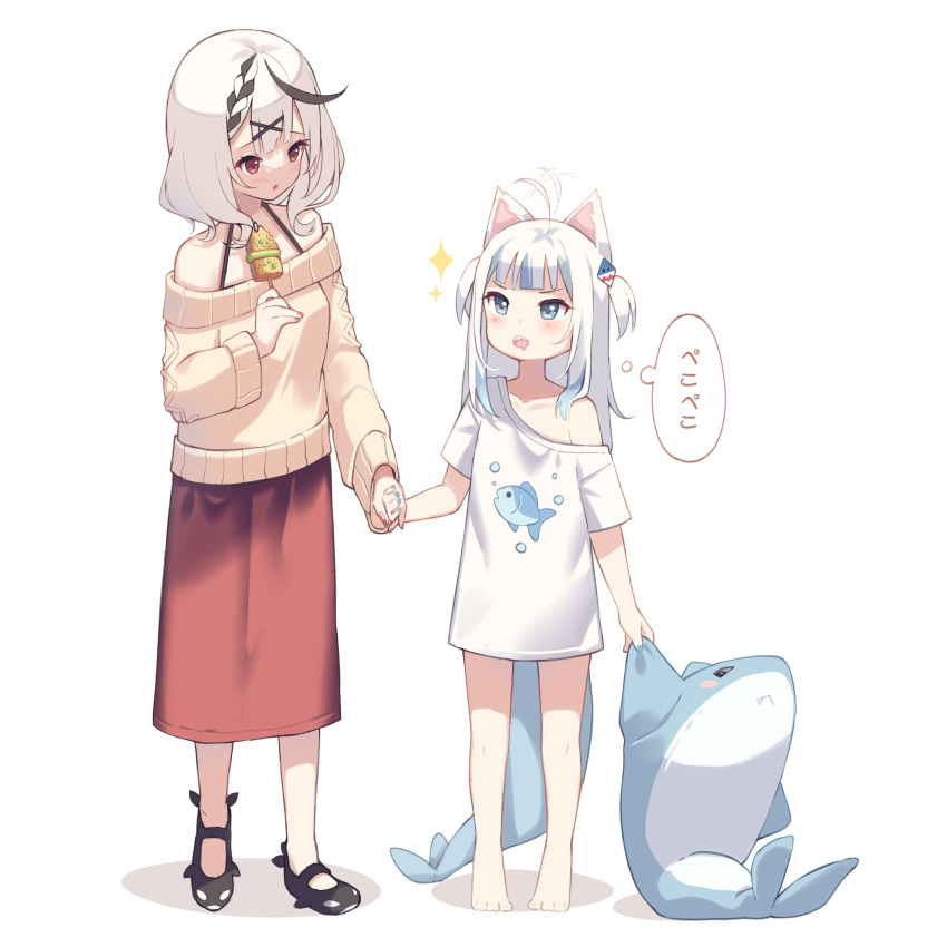 2girls, absurdres, animal_ears, animal_motifs, blush, cat_ears, dress, fins, fish_tail, gawr_gura, highres, hololive, hololive_english, kuri_(animejpholic), multiple_girls, no_shoes, open_mouth, red_dress, sakamata_chloe, sandals, shark_girl, shark_tail, shirt, speech_bubble, stuffed_animal, stuffed_shark, stuffed_toy, surprised, sweater, tail, white_hair, white_shirt, yellow_sweater