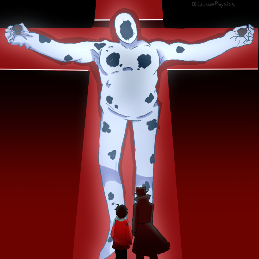 1girl, black_coat, clownsphysics, coat, cross, hat, highres, jacket, marvel, neon_genesis_evangelion, peni_parker, red_jacket, size_difference, skirt, spider-man:_across_the_spider-verse, spider-man_(series), spider-man_noir, spot_(marvel), standing