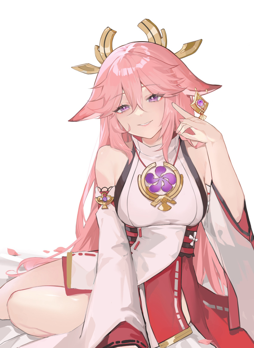 1girl, absurdres, animal_ears, detached_sleeves, earrings, floppy_ears, fox_ears, genshin_impact