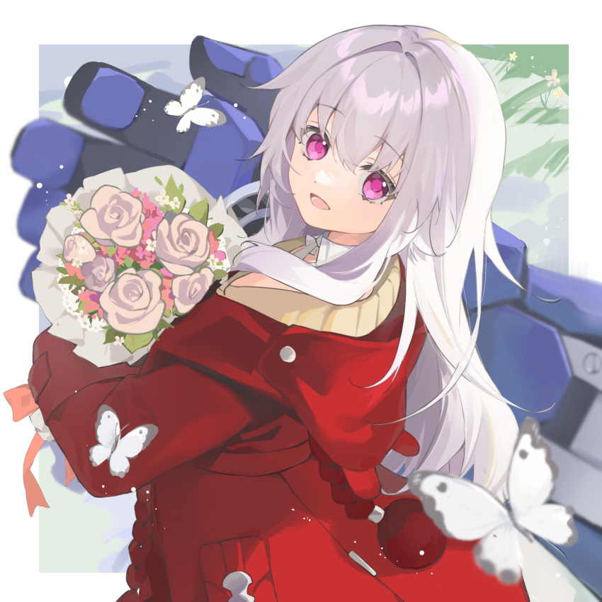 1girl, absurdres, bouquet, bug, butterfly, chinese_commentary, clara_(honkai:_star_rail), coat