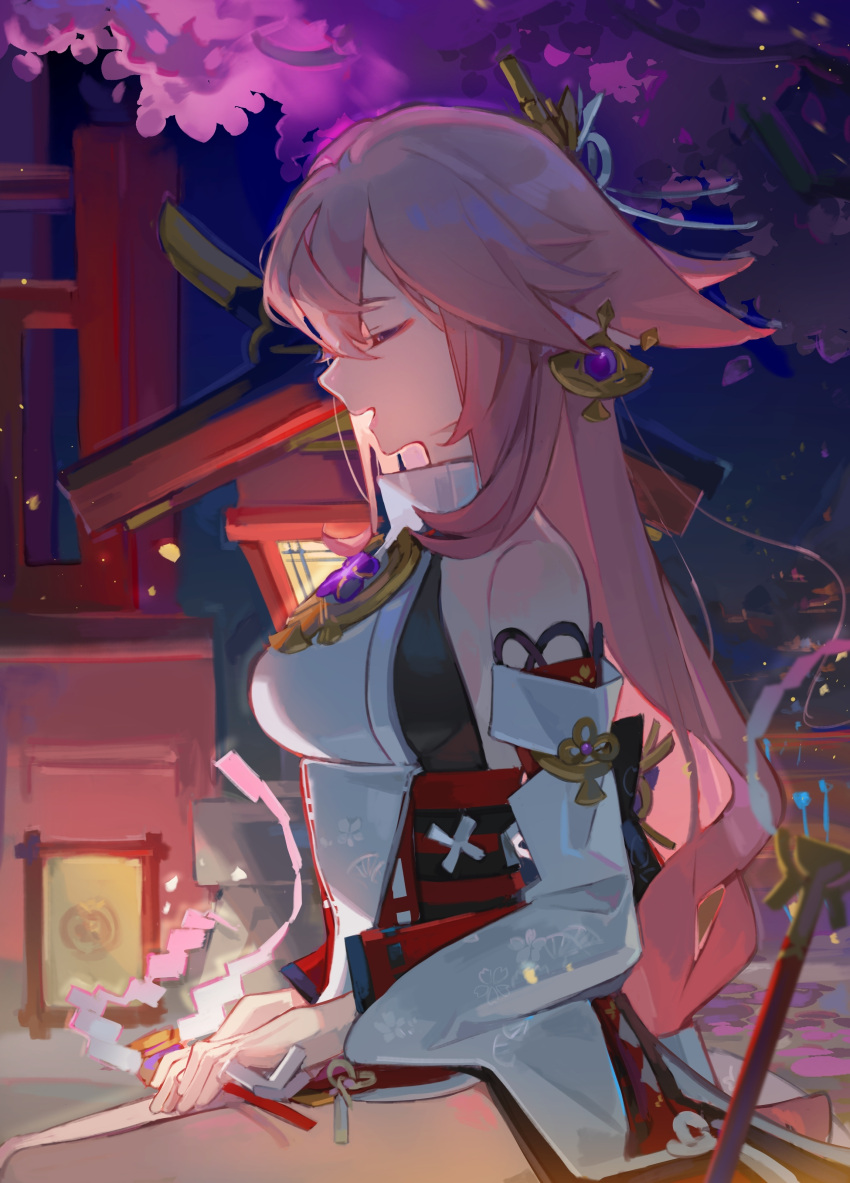 1girl, absurdres, animal_ears, cherry_blossoms, closed_eyes, detached_sleeves, earrings, floppy_ears