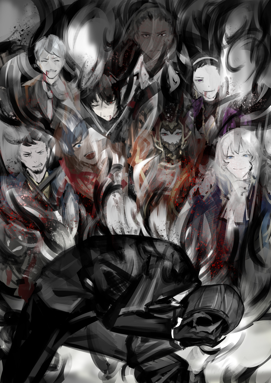 argalia_(library_of_ruina), black_hair, black_jacket, black_mask, black_pants, blue_eyes, blue_hair, claws, collared_shirt, e.g.o_(project_moon), highres, iori_(project_moon), jacket, leaning_forward, library_of_ruina, long_sleeves, necktie, nishikujic, olivier_(library_of_ruina), pants, project_moon, red_eyes, roland_(library_of_ruina), salvador_(library_of_ruina), shirt, smoke, solo_focus, spoilers, tomerry_(project_moon), white_hair, white_necktie, white_shirt, xiao_(library_of_ruina), yujin_(library_of_ruina)