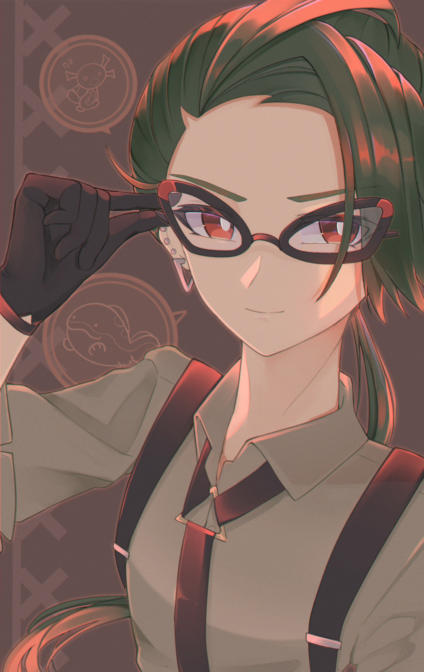 1girl, asymmetrical_bangs, black_gloves, business_suit, collared_shirt, ear_piercing, earrings, flat_chest