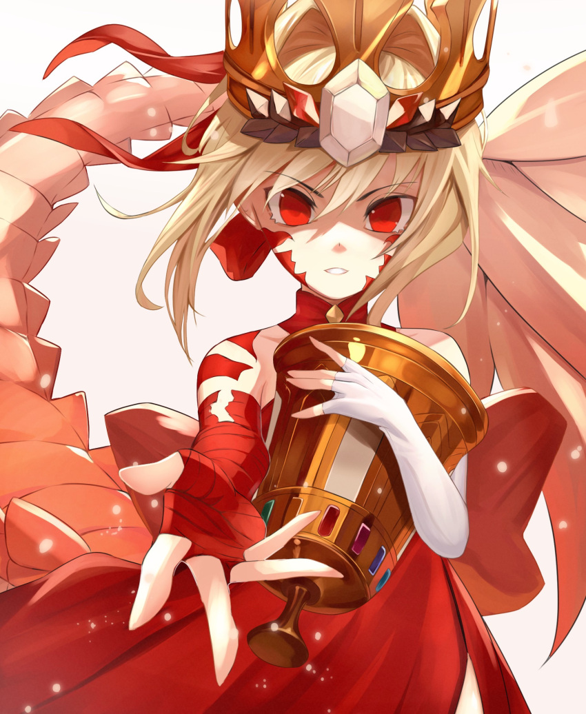 1girl, bandages, blonde_hair, chalice, collarbone, crown, dragon_tail, facial_mark