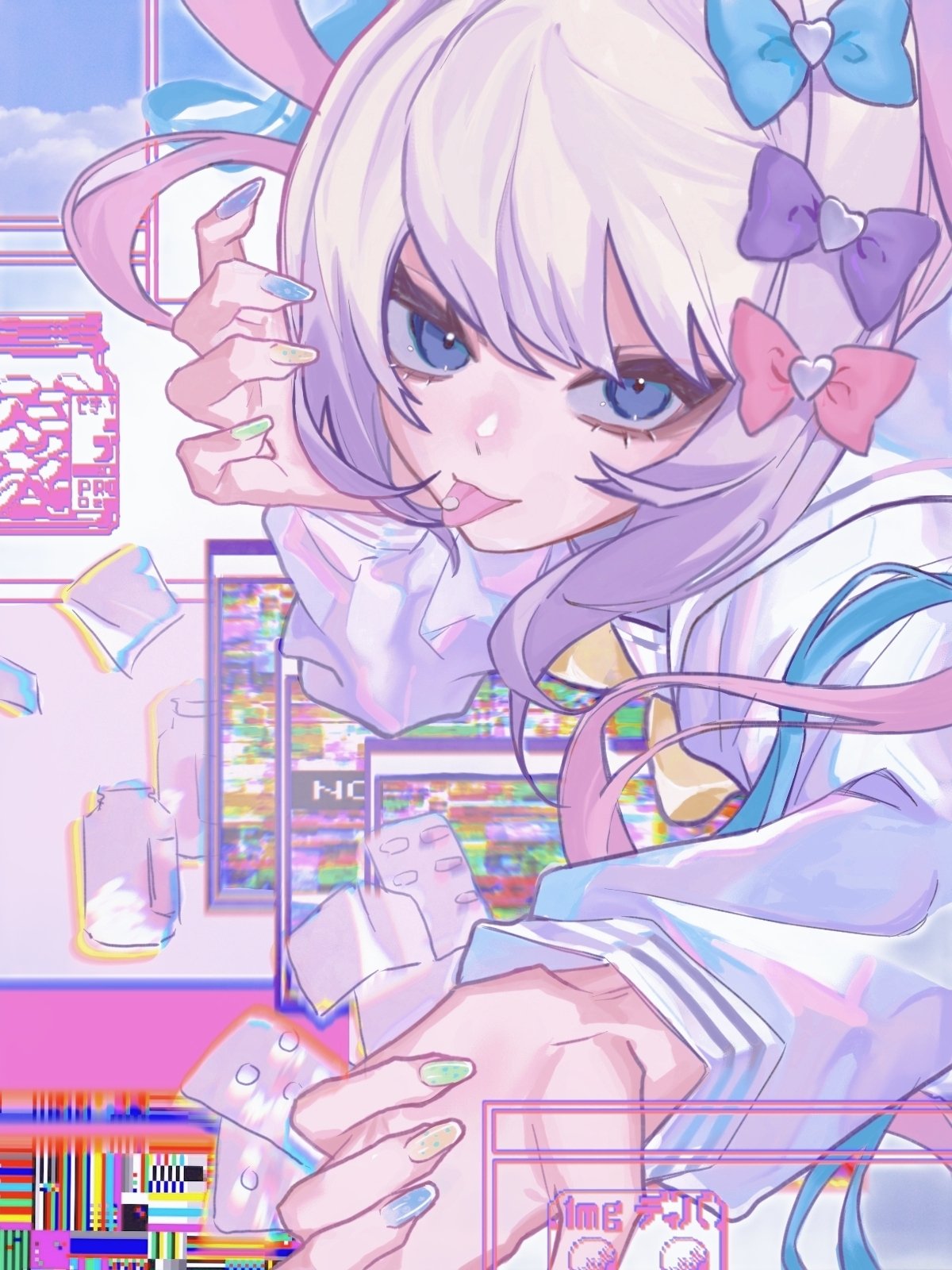 1girl, :p, bing_zhu_ye_you, blue_bow, blue_eyes, blue_hair, blue_nails, bow