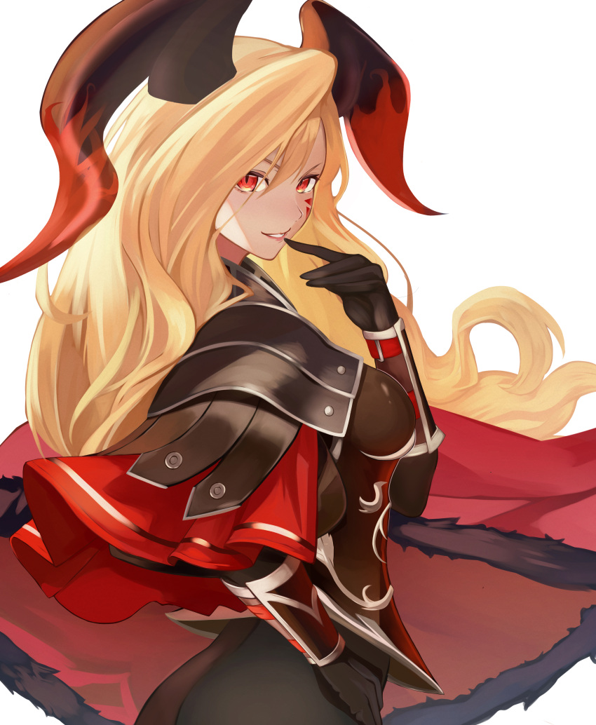 1girl, absurdres, armor, blonde_hair, cape, dragon_horns, facial_mark, fate/grand_order