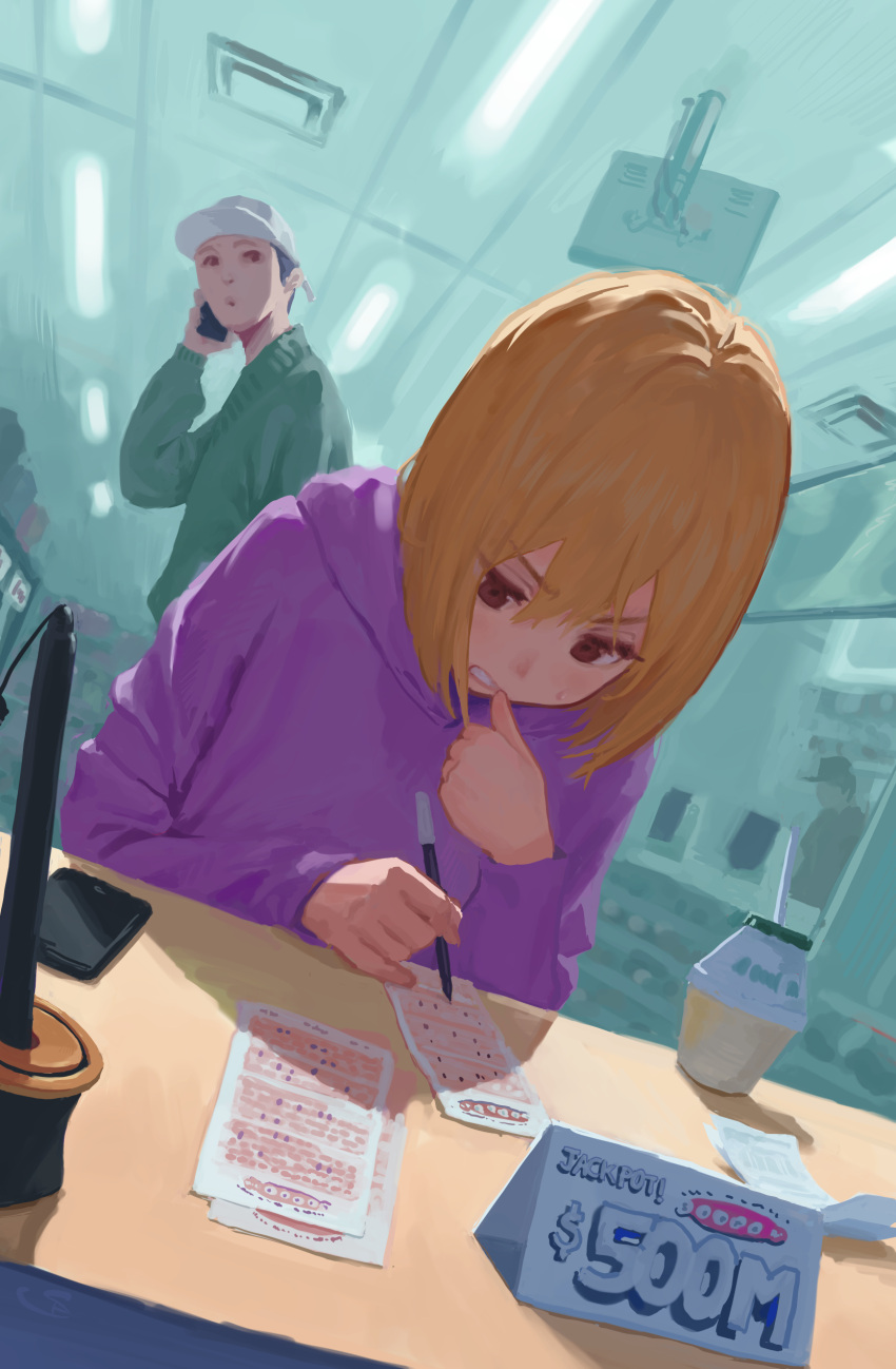 1girl, 2boys, absurdres, baseball_cap, biting, black_hair, blonde_hair, brown_eyes