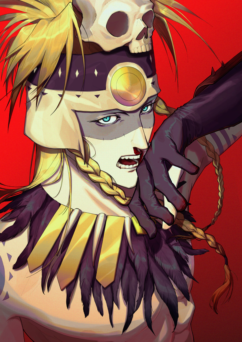 1boy, absurdres, arm_tattoo, aztec, blonde_hair, blood, blue_eyes, braid