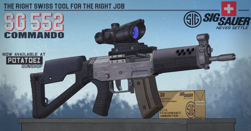 acog, artist_name, assault_rifle, blue_sky, blurry, blurry_background, box, carton