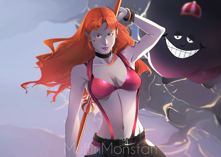 1girl, arm_tattoo, artist_name, bracelet, choker, closed_mouth, clouds, earrings, facial_mark, hat, heart, highres, holding, holding_polearm, holding_weapon, jewelry, long_hair, looking_at_viewer, midriff, muffinmonstah, nami_(one_piece), navel, one_piece, orange_hair, polearm, sleeveless, smile, tattoo, teeth, weapon, zeus_(one_piece)
