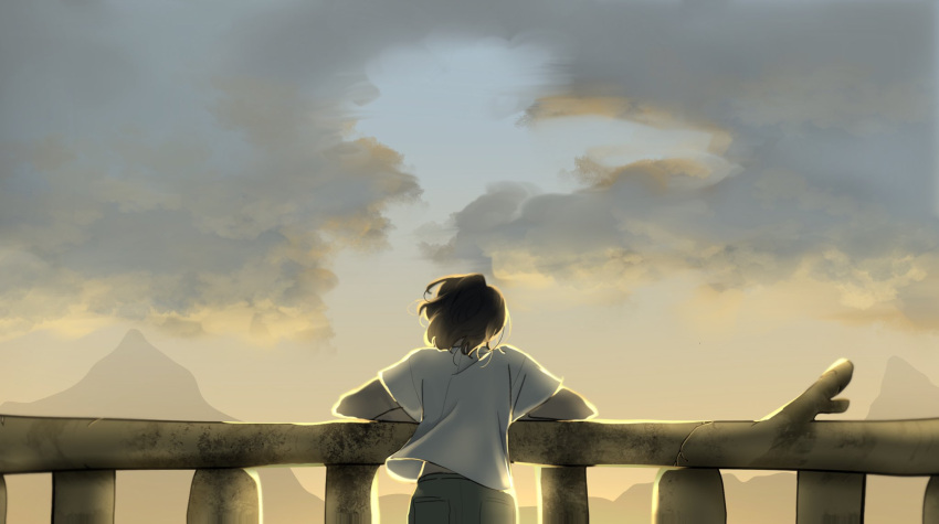 1girl, amphibia, black_hair, blue_sky, clouds, cloudy_sky, highres, marcy_wu, mountainous_horizon, outdoors, railing, shirt, short_hair, short_sleeves, sky, solo, twilight, white_shirt, yum3yum1