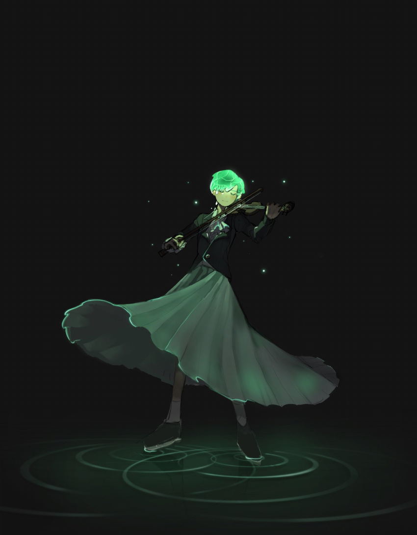 1girl, amphibia, black_background, black_jacket, blush, closed_eyes, green_hair, green_skirt