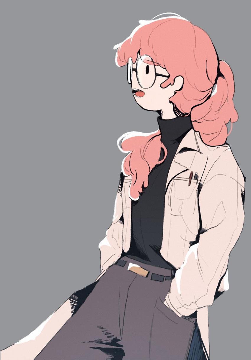 1girl, adventure_time, belt, black_belt, black_shirt, breast_pocket, coat, cowboy_shot