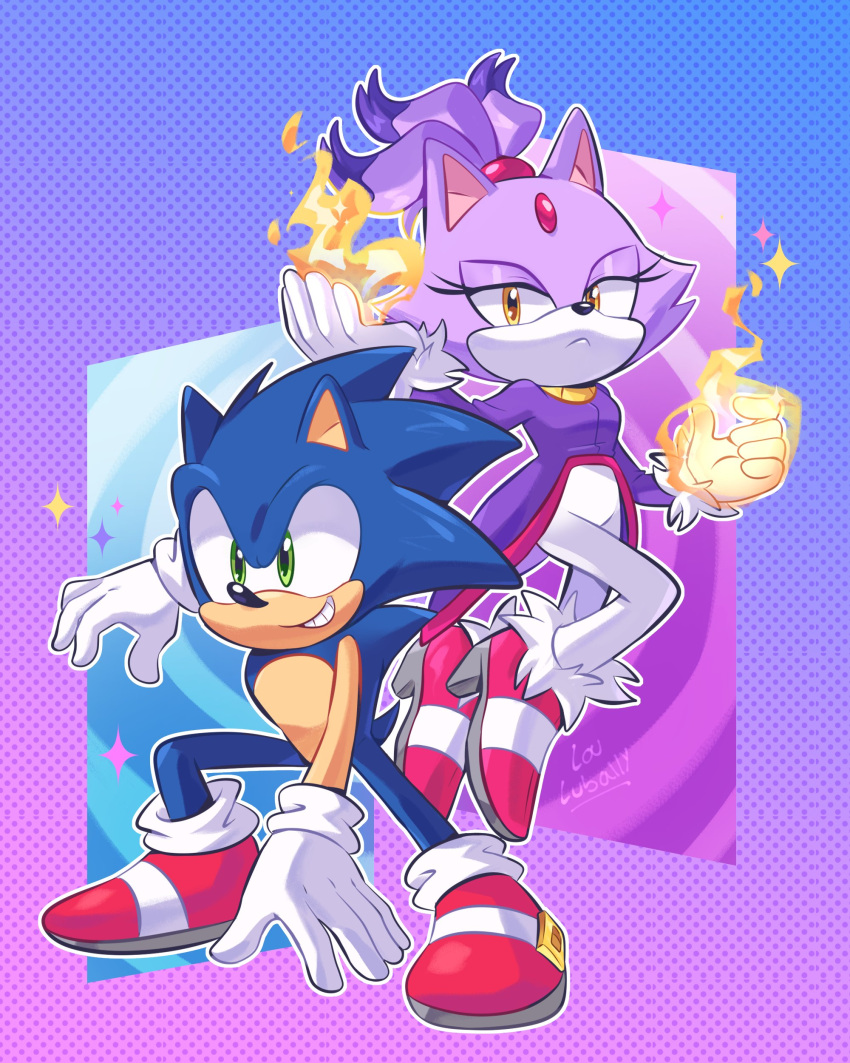1boy, 1girl, absurdres, blaze_the_cat, blue_fur, cat_girl, fire, forehead_jewel
