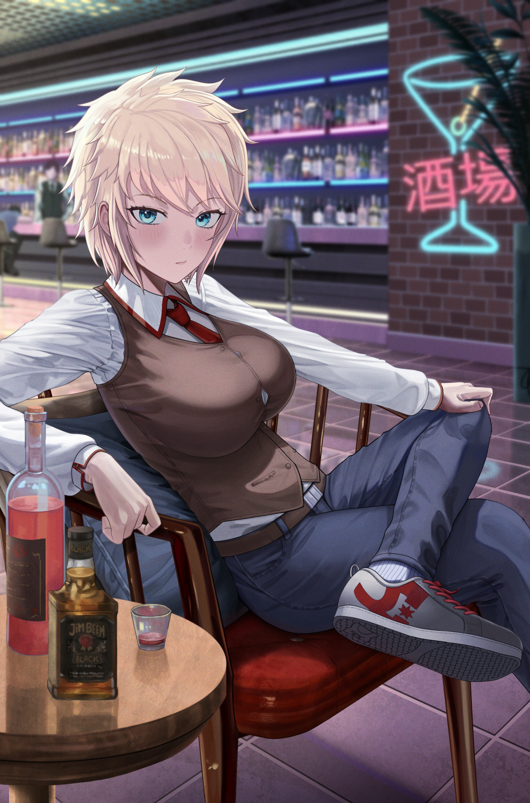 1girl, alcohol, alina_novikov, aqua_eyes, bar_(place), blonde_hair, breasts, brown_vest, button_gap, chair, commission, crossed_legs, denim, highres, jeans, large_breasts, long_sleeves, looking_at_viewer, necktie, pants, red_necktie, shirt, short_hair, silvertsuki, sitting, solo, tatakau_ataisuru, tomboy, vest, white_shirt
