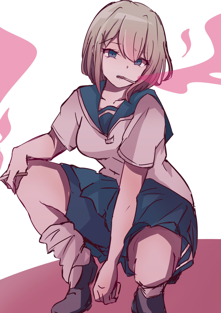 1girl, absurdres, blue_eyes, blue_skirt, breasts, empty_eyes, full_body, hair_ornament