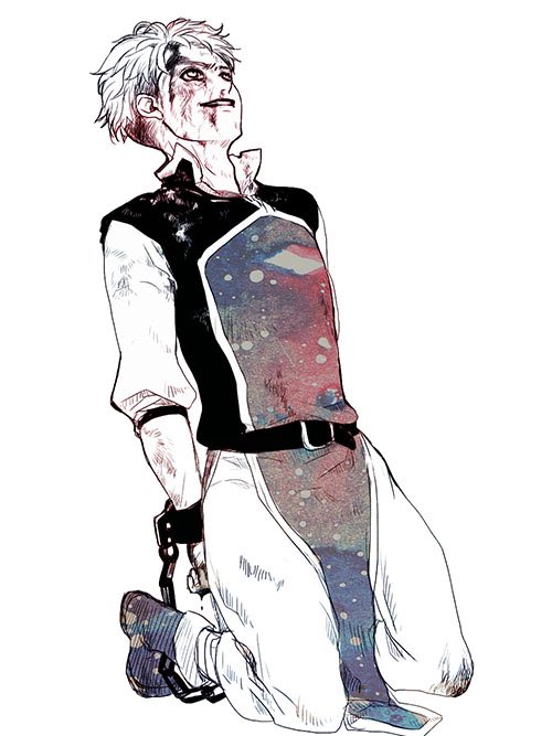 1boy, belt, blood, boots, bruise, bruise_on_face, chained_wrists, full_body