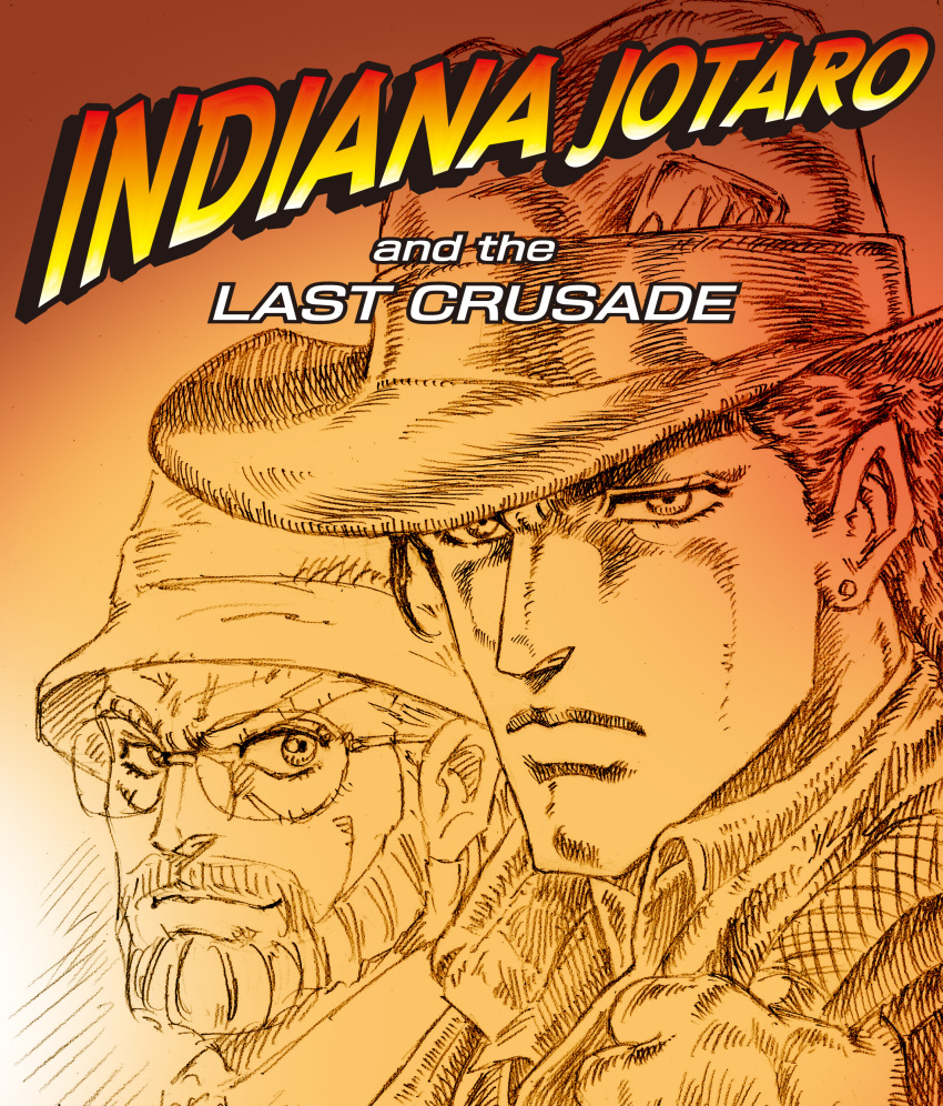 2boys, absurdres, beard, character_name, closed_mouth, commentary_request, cowboy_hat, earrings, english_text, expressionless, facial_hair, glasses, grandfather_and_grandson, hat, highres, indiana_jones_(series), indiana_jones_and_the_last_crusade, jewelry, jojo_no_kimyou_na_bouken, joseph_joestar, joseph_joestar_(old), kujo_jotaro, light_smile, looking_ahead, looking_at_viewer, mad_sharpen, male_focus, monochrome, multiple_boys, old, old_man, parody, sepia, single_earring, smile, stardust_crusaders, stud_earrings, title_parody