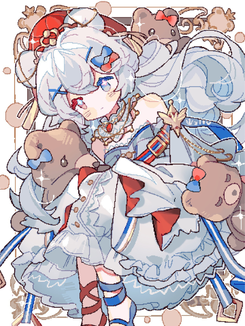 1girl, animal_ears, arknights, asymmetrical_footwear, bear_ears, blue_bow, blue_eyes, blue_footwear