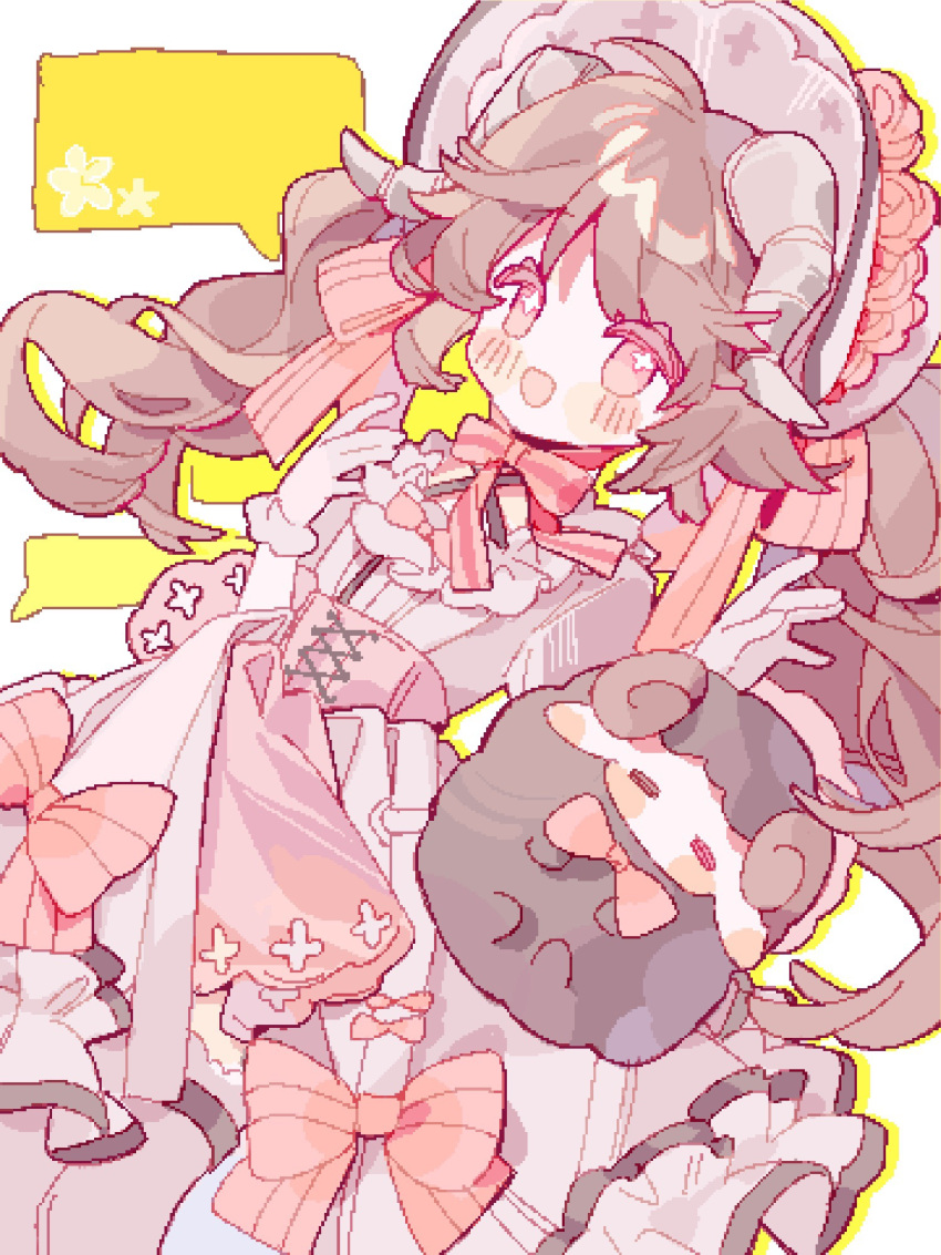 1girl, :d, alternate_costume, ambience_synesthesia, animal_ears, arknights, black_sheep, blush