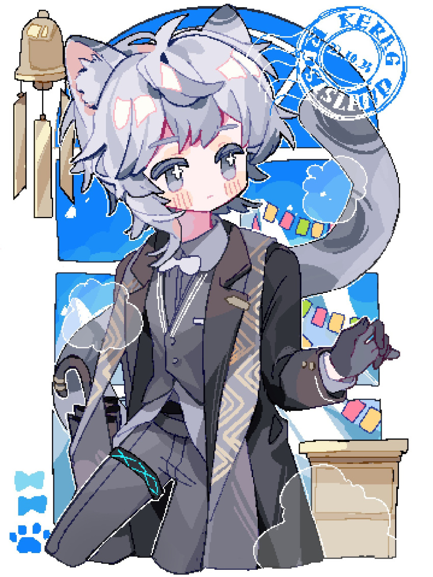 1boy, animal_ear_fluff, animal_ears, arknights, black_coat, black_gloves, blue_sky, blush