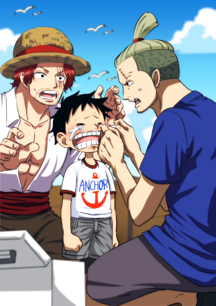 3boys, aged_down, black_hair, blonde_hair, blush, crying, day, hat, high_ponytail, hongou, male_focus, monkey_d._luffy, multiple_boys, musasabiop, one_piece, one_piece_film:_red, open_mouth, outdoors, ponytail, redhead, scar, shanks_(one_piece), short_hair, short_ponytail, straw_hat, teeth