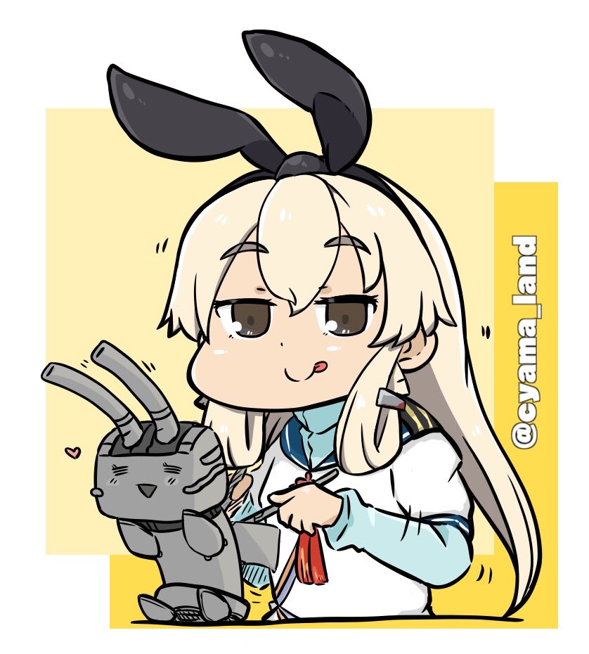 1girl, akashi_(kancolle), akashi_(kancolle)_(cosplay), black_hairband, blonde_hair, blue_sailor_collar, brown_eyes, cosplay, cyama_land, hairband, kantai_collection, layered_sleeves, long_hair, long_sleeves, rensouhou-chan, sailor_collar, school_uniform, serafuku, shimakaze_(kancolle), short_over_long_sleeves, short_sleeves, solo, tongue, tongue_out, twitter_username, upper_body