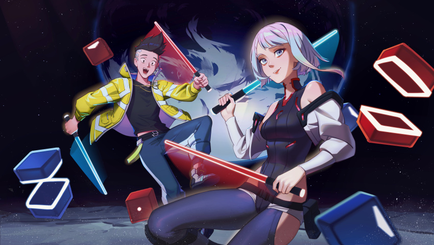 1boy, 1girl, :d, absurdres, afloat, afterimage, bare_shoulders, beat_saber