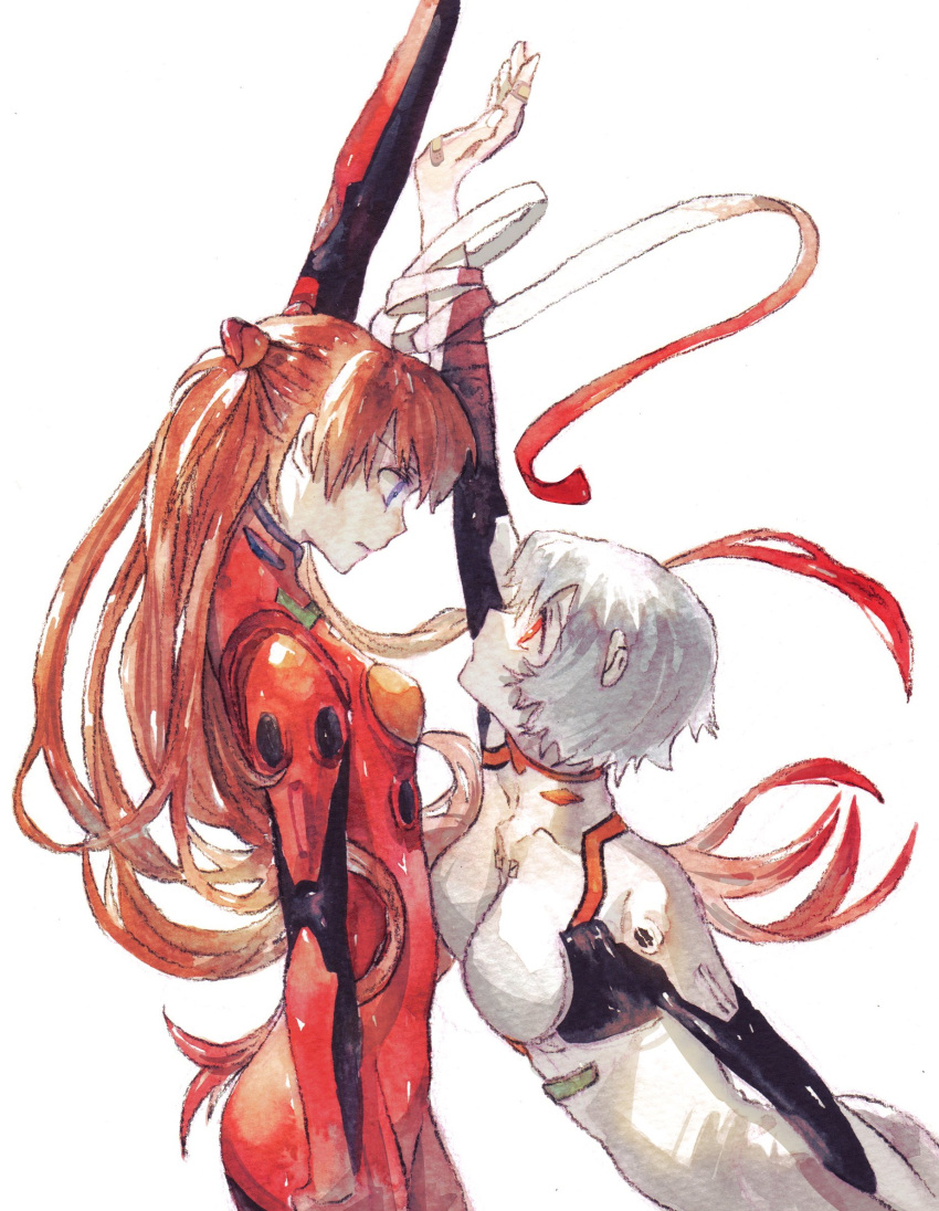 2girls, arm_up, ayanami_rei, blue_eyes, bodysuit, breasts, highres, long_hair