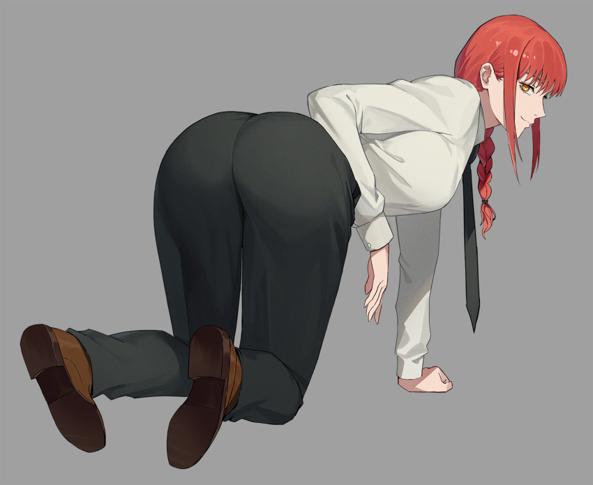1girl, all_fours, ass, braid, breasts, chainsaw_man, commentary, english_commentary, grey_background, highres, jason_kim, long_hair, looking_at_viewer, makima_(chainsaw_man), necktie, redhead, simple_background, smile, solo, suit, yellow_eyes