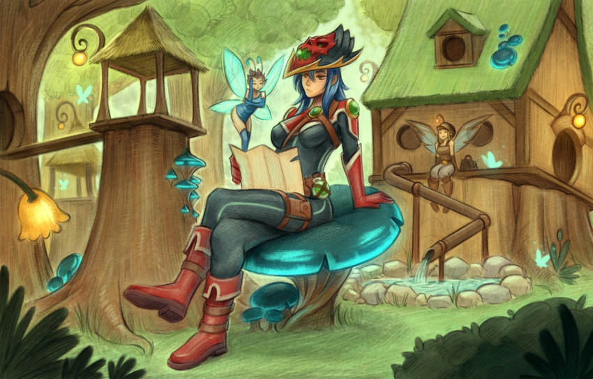 3girls, antenna_hair, armor, belt_buckle, belt_pouch, bioluminescence, blue_gloves, blue_hair