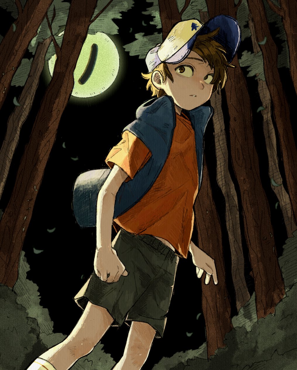 2boys, baseball_cap, bill_cipher, black_sky, blue_headwear, blue_jacket, blue_vest, brown_eyes