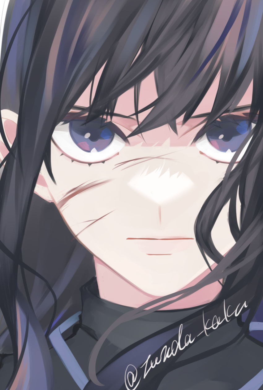 1girl, artist_name, black_hair, black_shirt, blood, blood_on_face, blue_archive, blue_eyes