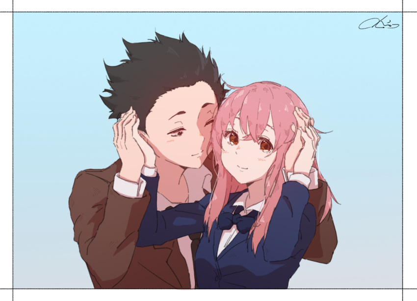1boy, 1girl, artist_name, black_eyes, black_hair, black_necktie, blue_background, blue_bow