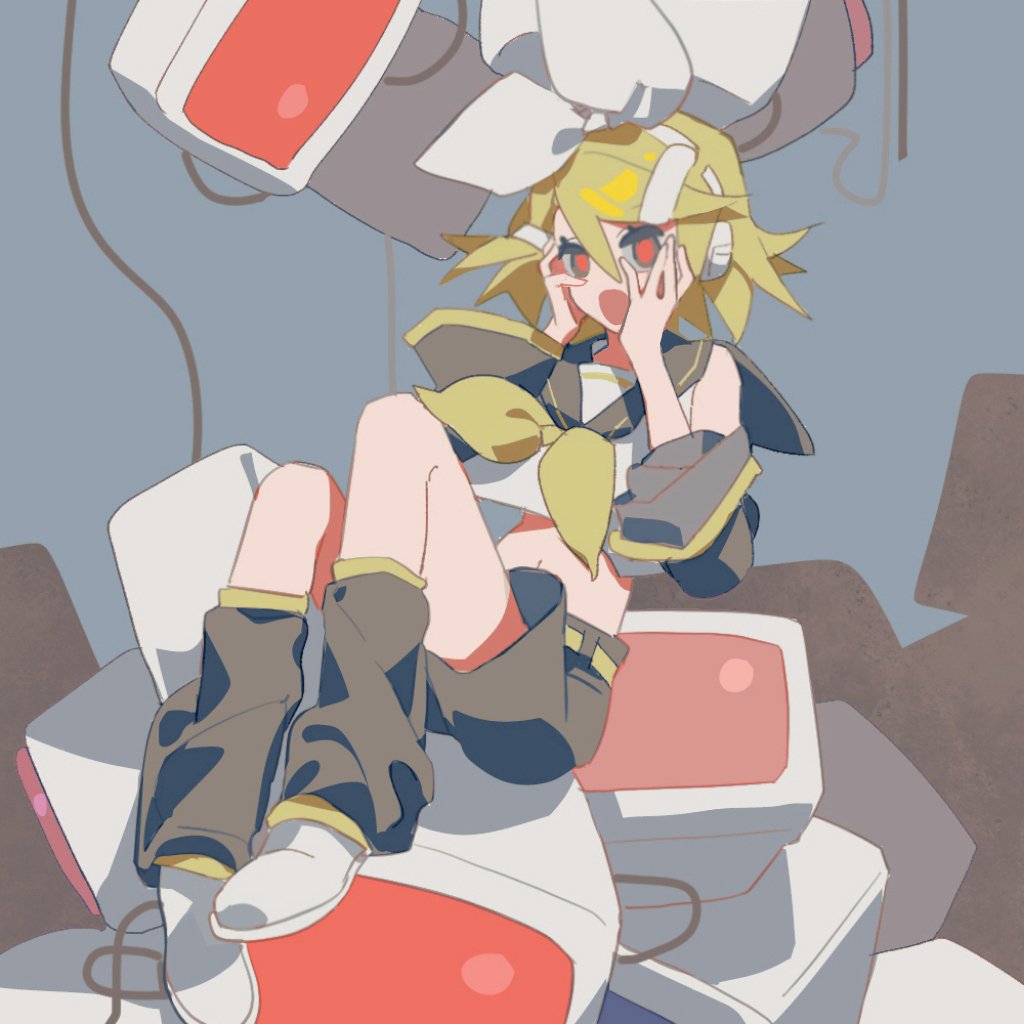 1girl, aqua_eyes, bare_shoulders, black_sailor_collar, black_sleeves, blonde_hair, bow, cable, chi_ya, computer_virus, corruption, crop_top, detached_sleeves, hair_bow, hair_ornament, hairclip, hands_on_own_cheeks, hands_on_own_face, headphones, junk, kagamine_rin, leg_warmers, midriff, monitor, narrow_waist, navel, neckerchief, open_mouth, red_pupils, sailor_collar, sailor_shirt, shirt, shoes, short_hair, shorts, sitting, sleeveless, sleeveless_shirt, sneakers, solo, vocaloid, white_bow, white_footwear, wide_sleeves, yellow_neckerchief