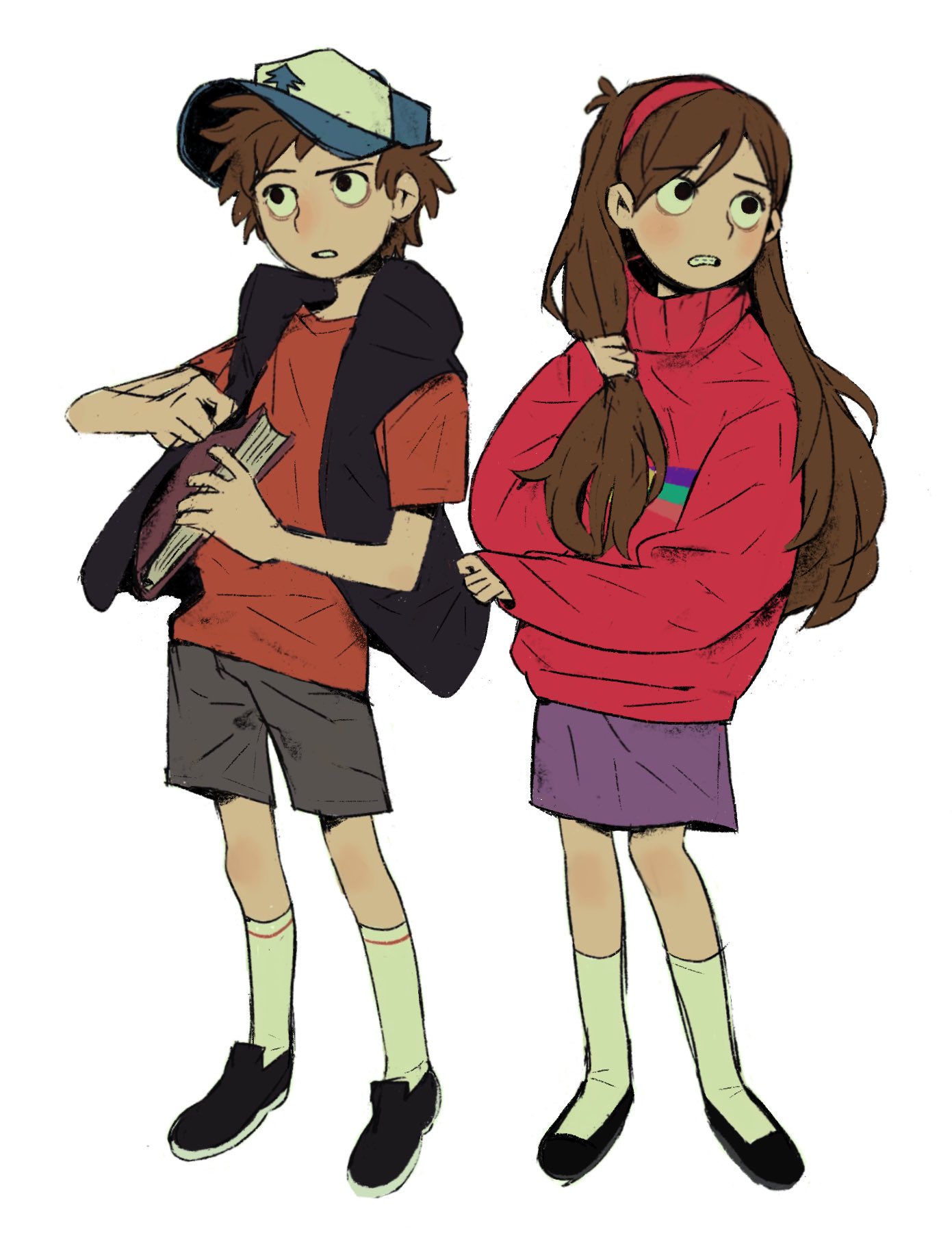 1boy, 1girl, baseball_cap, black_footwear, blue_headwear, blue_jacket, blue_vest, book