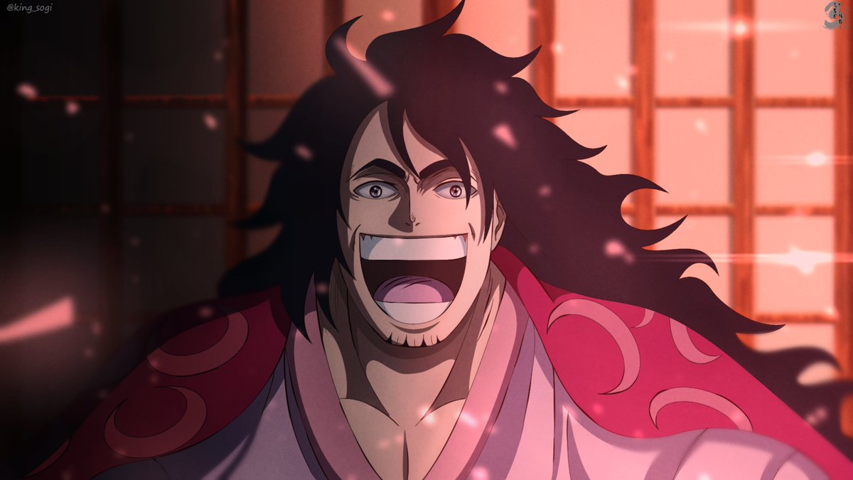1boy, arabic_commentary, black_hair, commentary_request, facial_hair, hair_over_one_eye, indoors, japanese_clothes, king_sogi, long_hair, looking_at_viewer, momonosuke_(one_piece), moon_(symbol), one_piece, open_mouth, signature, smile, solo, teeth, traditional_clothes