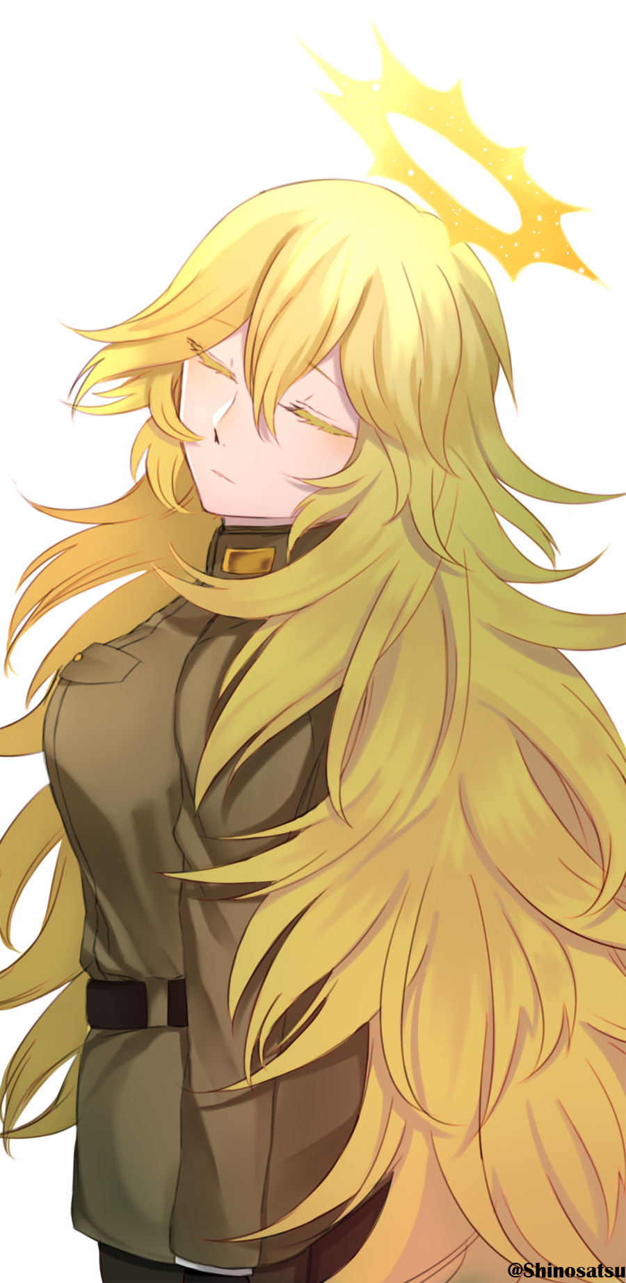 1girl, angel, blonde_hair, closed_eyes, closed_mouth, cowboy_shot, feathered_wings, funamusea