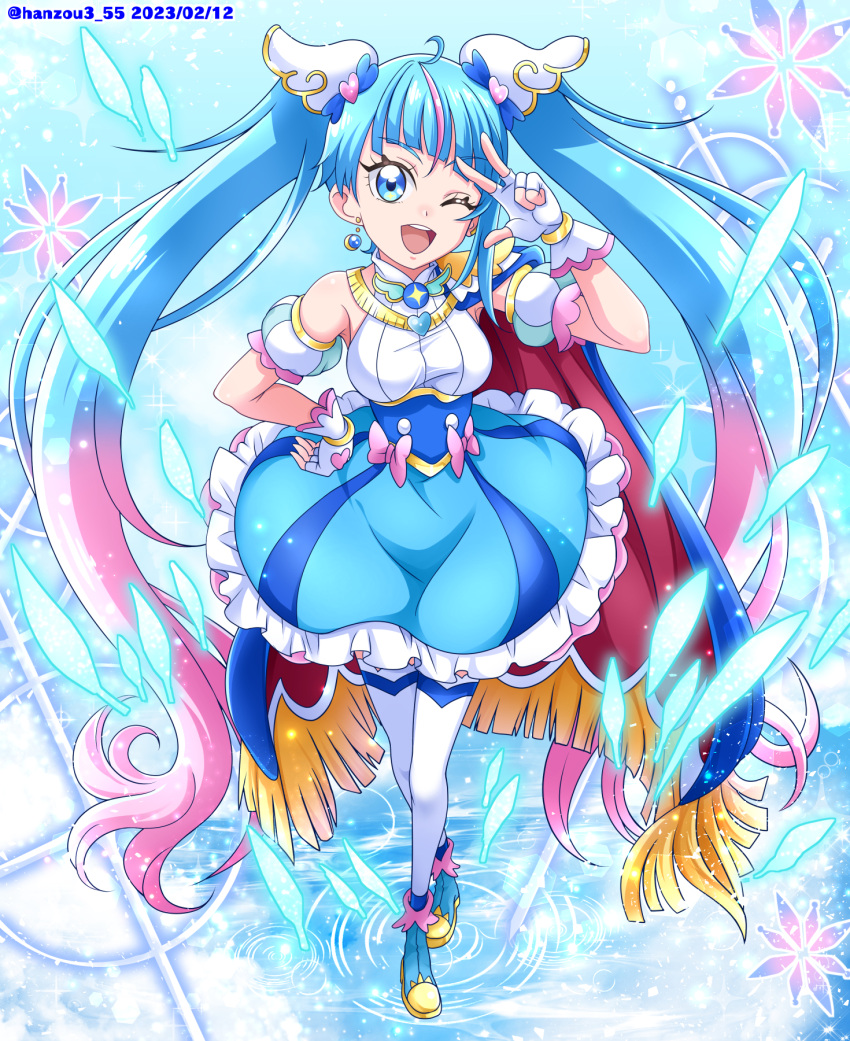 1girl, ;d, ankle_boots, blue_cape, blue_dress, blue_eyes, blue_footwear, blue_hair