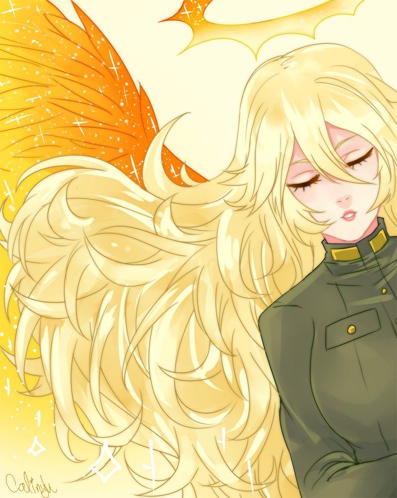 1girl, angel, blonde_hair, cali-nyh, closed_eyes, feathered_wings, funamusea, halo