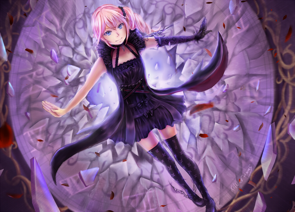 1girl, artist_name, asymmetrical_gloves, black_dress, black_footwear, black_gloves, black_scrunchie, black_thighhighs