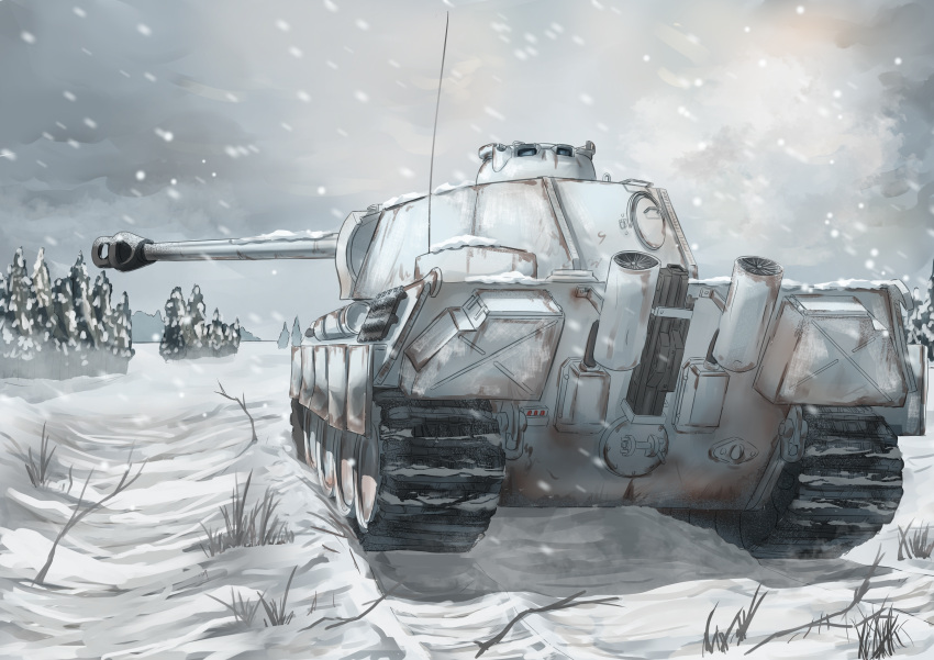 absurdres, blizzard, cannon, caterpillar_tracks, dirty, exhaust_pipe, forest, grass, highres, military, military_vehicle, motor_vehicle, nature, panzerboy, panzerkampfwagen_panther, pine_tree, radio_antenna, real_life, road, scenery, smoke, snow, tank, tree, turret, world_war_ii