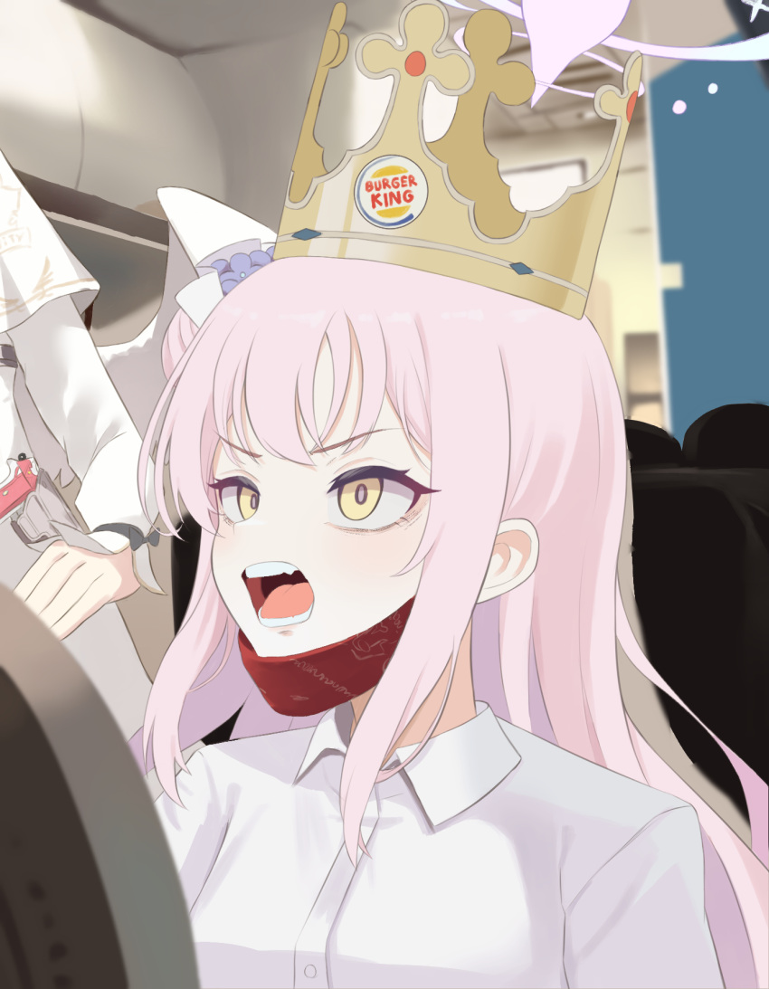 2girls, airplane_interior, blue_archive, blush, burger_king, collared_shirt, dress, fang, flower, hair_bun, hair_flower, hair_ornament, halo, highres, indoors, jetblue_racist_burger_king_(meme), long_hair, mask, mask_around_neck, meme, mika_(blue_archive), multiple_girls, nagisa_(blue_archive), open_mouth, parody, pink_hair, purple_flower, red_mask, shirt, sidelocks, single_side_bun, solo_focus, white_dress, white_shirt, white_wings, wings, yellow_eyes, ziz_(pandora707)